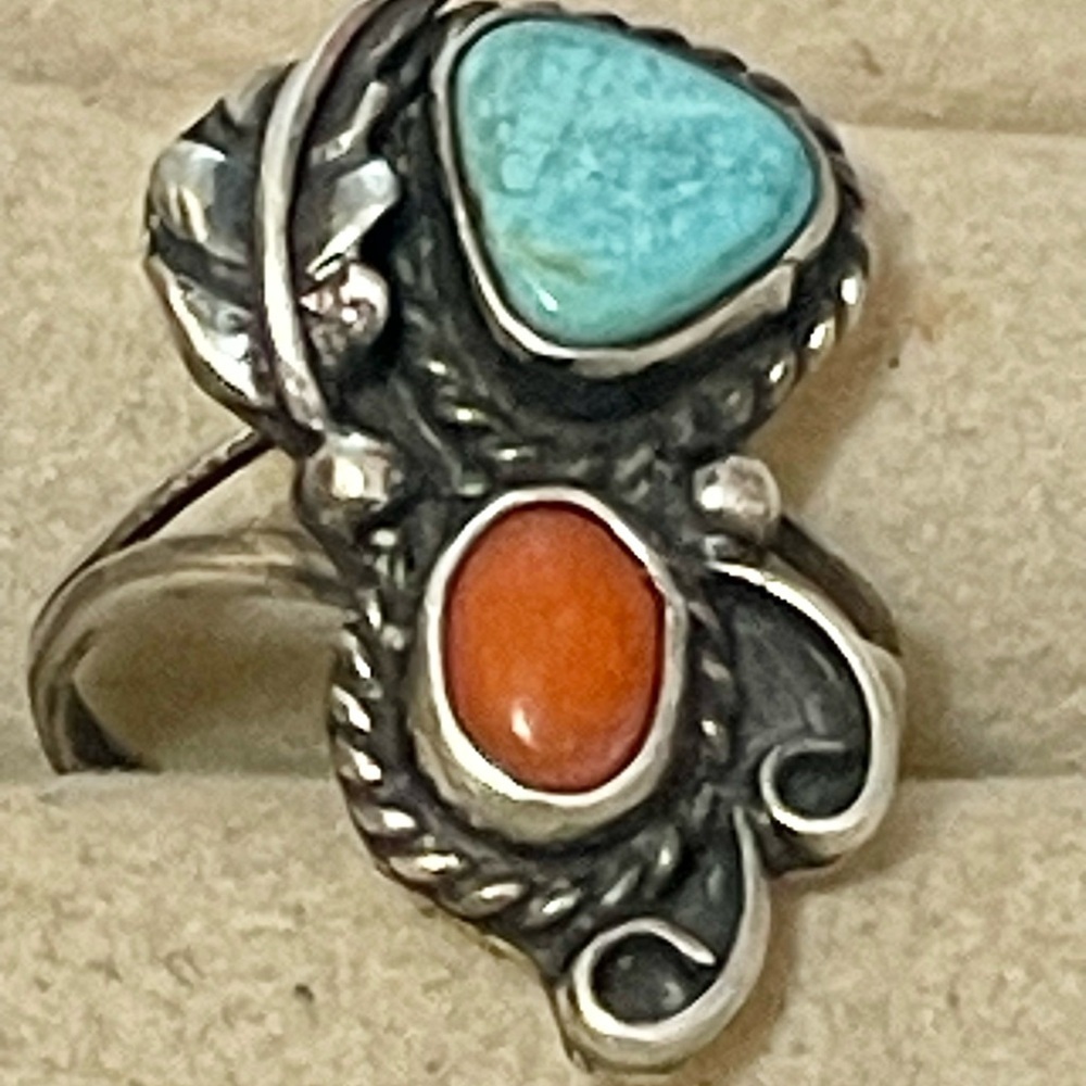 VTG Native American Navajo Sterling Silver Turquoise Coral Ring Sz 5.25